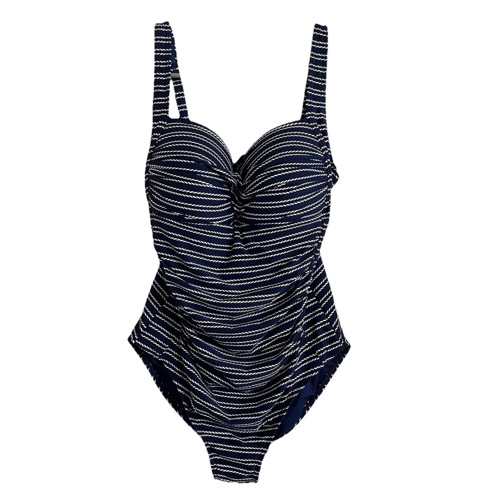 Nip Tuck One Piece Swim Suit Women's 8 Navy/White Twist Front Bust Ruched Detail